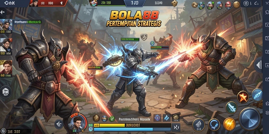 Screenshot utama menunjukkan menara bertarung melawan musuh dalam BOLA88.