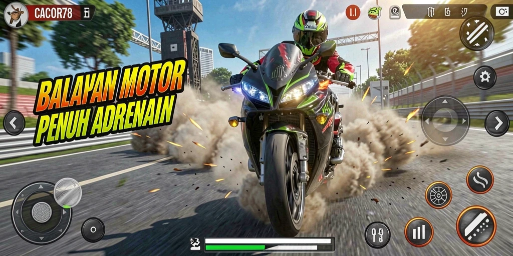 Screenshot utama CACOR78 menampilkan aksi balapan motor yang mendebarkan.