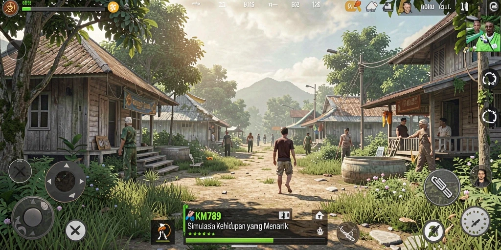 Tangkapan layar gameplay KM789 dengan interaksi simulasi kehidupan.