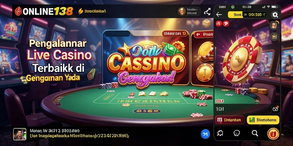 Tampilan utama <strong>ONLINE138</strong> menunjukkan dealer langsung yang menghibur di tengah permainan kasino.