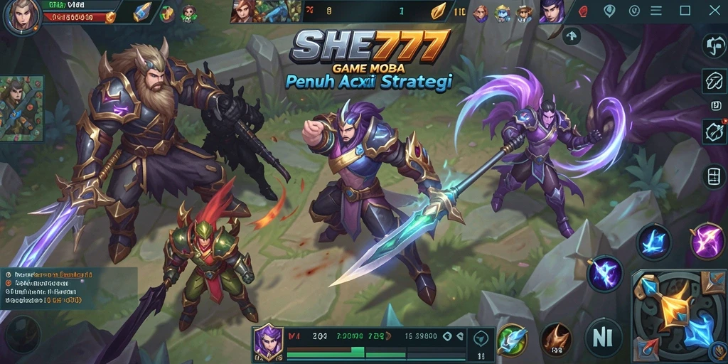 Tangkapan layar dari gameplay intensif di SHE777, menunjukkan aksi MOBA yang menarik.