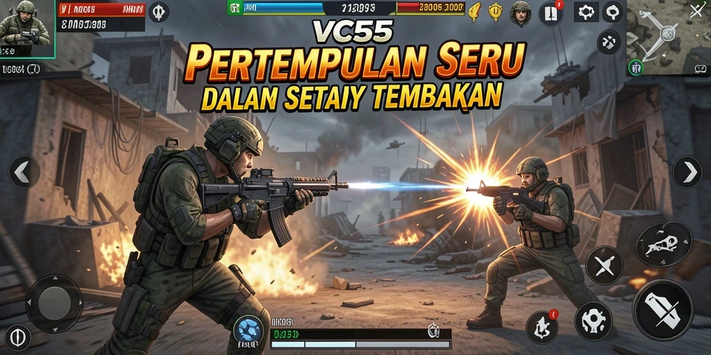 Screenshot VC55 menampilkan aksi tembak-menembak yang mendebarkan.